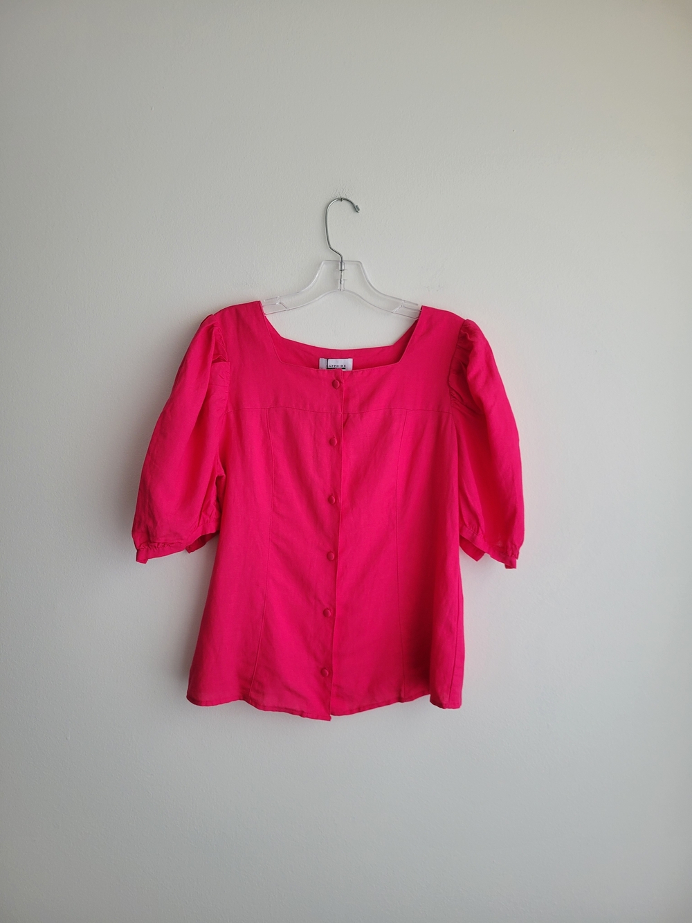 NWT Sapphire West Pink Puff Sleeve Button-Front Linen Blend Top